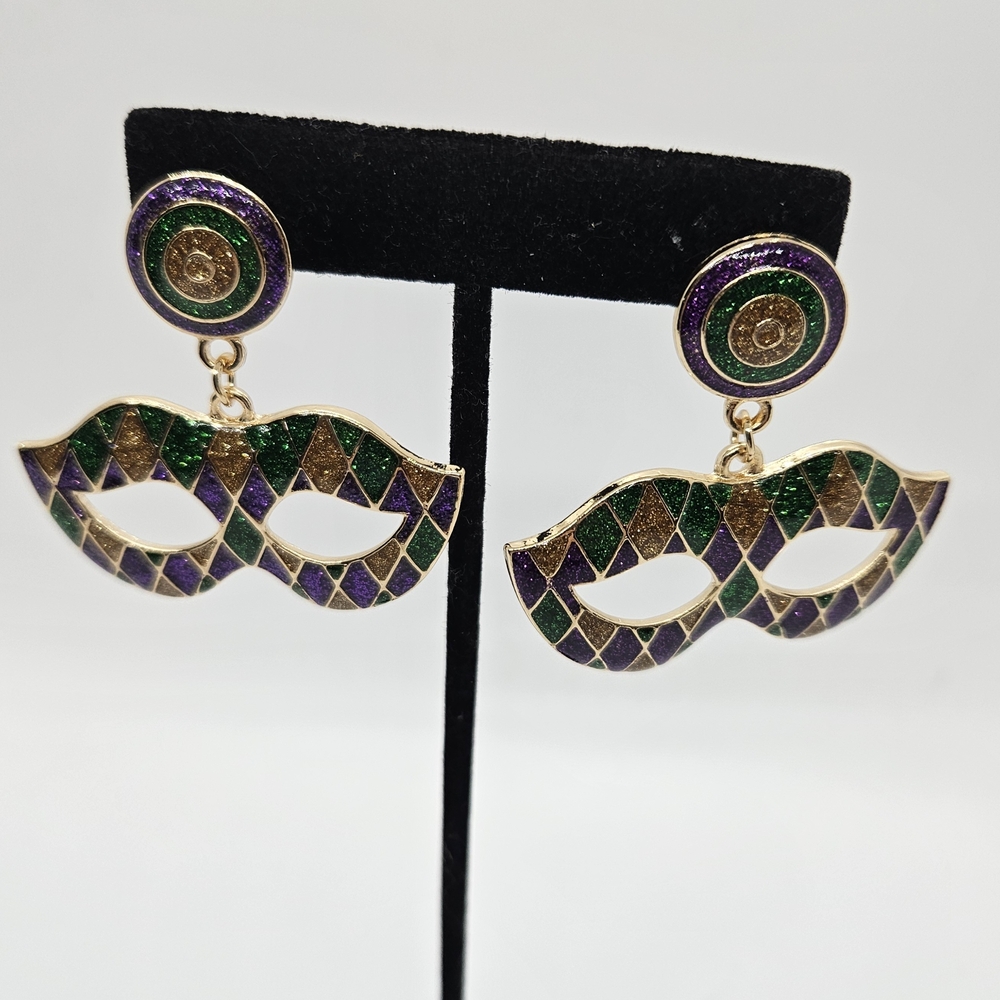 Mardi Gras Earrings Purple Green Gold Mask - Picture 5 of 11